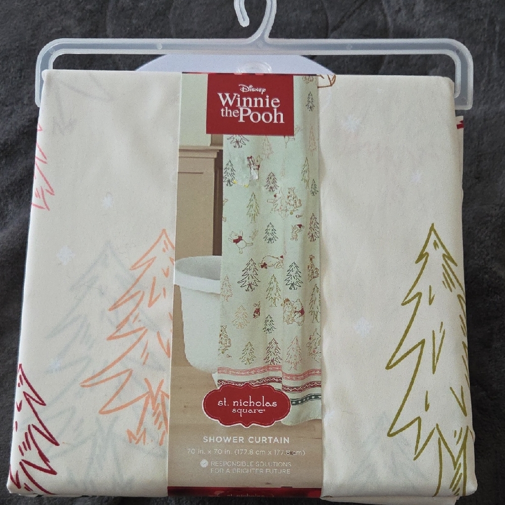 Disney Winnie the Pooh Festive Shower Curtain with Red and Green Trees